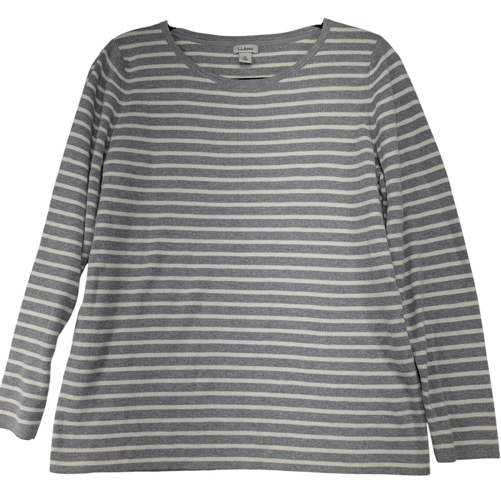 L L Bean‎ Striped Long Sleeve Sweater Top Gray White Cotton Blend XL